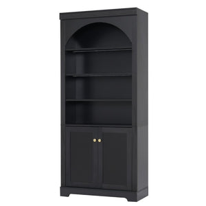 English Elm Tall Arched LED Bookcase with Adjustable Open Shelves and Lower Cabinet for Home Office Black N751P455898B
