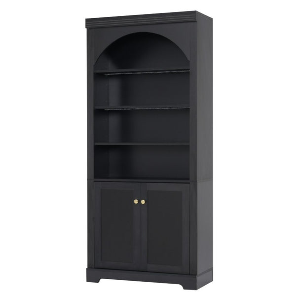 English Elm Tall Arched LED Bookcase with Adjustable Open Shelves and Lower Cabinet for Home Office Black N751P455898B