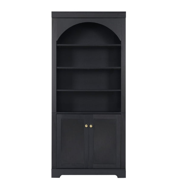 English Elm Tall Arched LED Bookcase with Adjustable Open Shelves and Lower Cabinet for Home Office Black N751P455898B