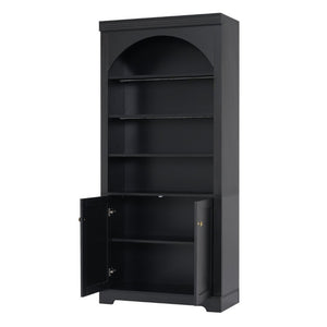 English Elm Tall Arched LED Bookcase with Adjustable Open Shelves and Lower Cabinet for Home Office Black N751P455898B