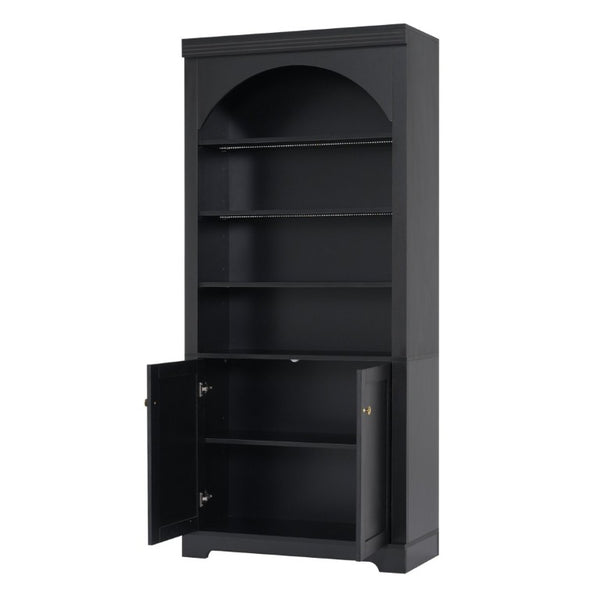 English Elm Tall Arched LED Bookcase with Adjustable Open Shelves and Lower Cabinet for Home Office Black N751P455898B