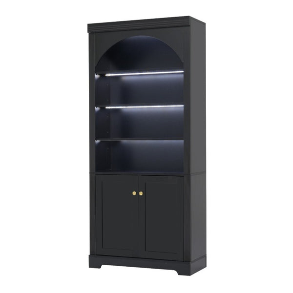 English Elm Tall Arched LED Bookcase with Adjustable Open Shelves and Lower Cabinet for Home Office Black N751P455898B