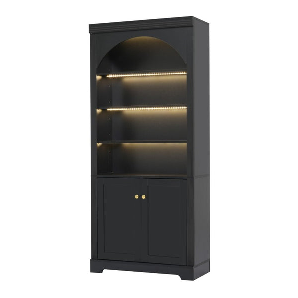 English Elm Tall Arched LED Bookcase with Adjustable Open Shelves and Lower Cabinet for Home Office Black N751P455898B
