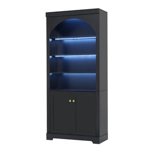 English Elm Tall Arched LED Bookcase with Adjustable Open Shelves and Lower Cabinet for Home Office Black N751P455898B