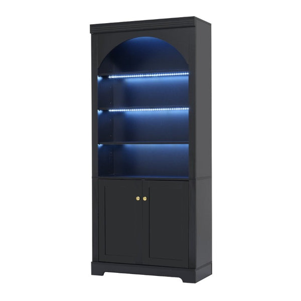 English Elm Tall Arched LED Bookcase with Adjustable Open Shelves and Lower Cabinet for Home Office Black N751P455898B