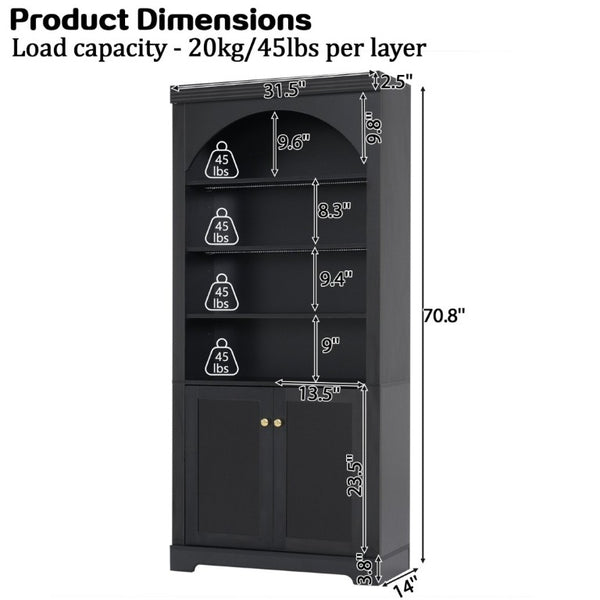 English Elm Tall Arched LED Bookcase with Adjustable Open Shelves and Lower Cabinet for Home Office Black N751P455898B