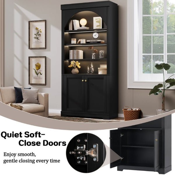 English Elm Tall Arched LED Bookcase with Adjustable Open Shelves and Lower Cabinet for Home Office Black N751P455898B