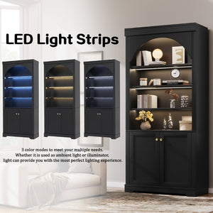 English Elm Tall Arched LED Bookcase with Adjustable Open Shelves and Lower Cabinet for Home Office Black N751P455898B
