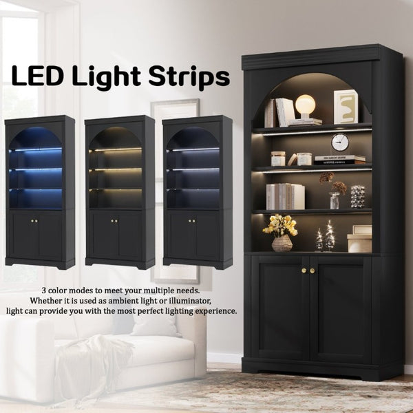 English Elm Tall Arched LED Bookcase with Adjustable Open Shelves and Lower Cabinet for Home Office Black N751P455898B