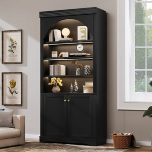 English Elm Tall Arched LED Bookcase with Adjustable Open Shelves and Lower Cabinet for Home Office Black N751P455898B