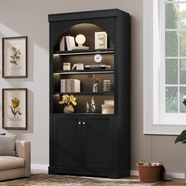 English Elm Tall Arched LED Bookcase with Adjustable Open Shelves and Lower Cabinet for Home Office Black N751P455898B
