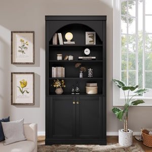English Elm Tall Arched LED Bookcase with Adjustable Open Shelves and Lower Cabinet for Home Office Black N751P455898B