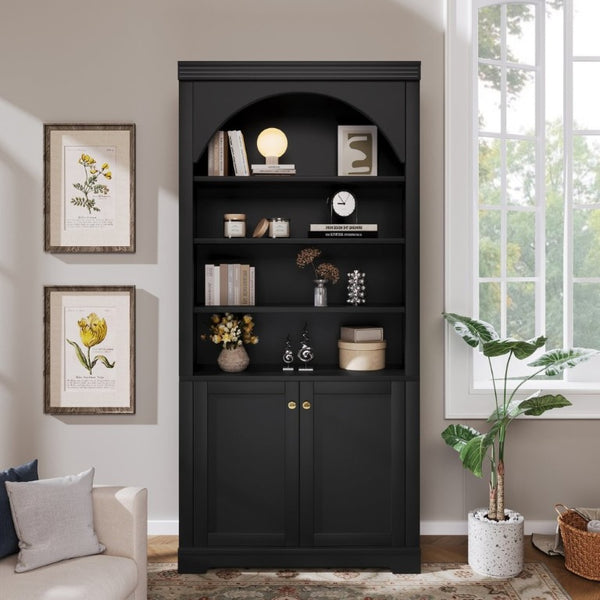 English Elm Tall Arched LED Bookcase with Adjustable Open Shelves and Lower Cabinet for Home Office Black N751P455898B