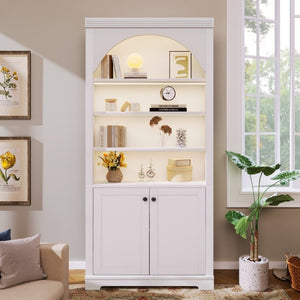 English Elm Tall Arched LED Bookcase with Adjustable Open Shelves and Lower Cabinet for Home Office White N751P455898K