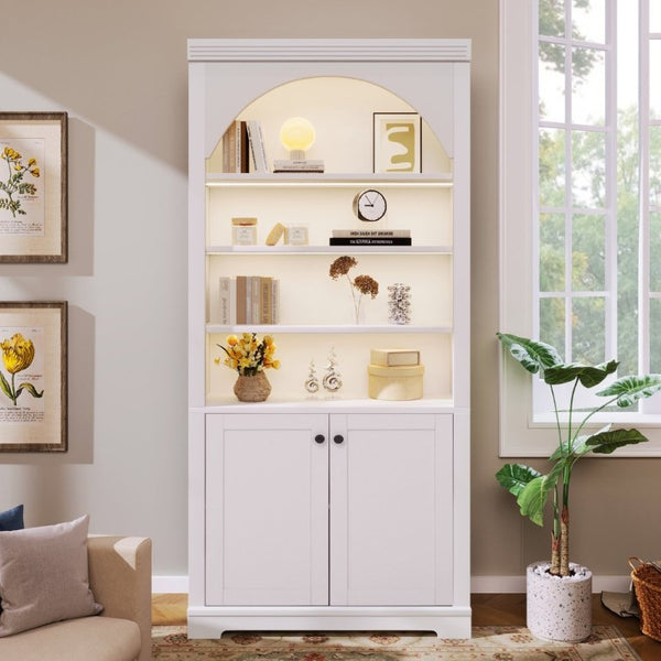 English Elm Tall Arched LED Bookcase with Adjustable Open Shelves and Lower Cabinet for Home Office White N751P455898K