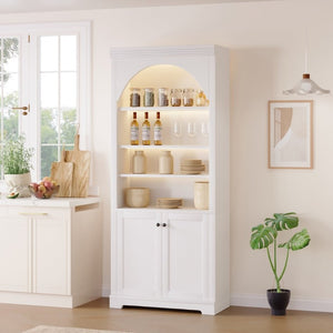 English Elm Tall Arched LED Bookcase with Adjustable Open Shelves and Lower Cabinet for Home Office White N751P455898K