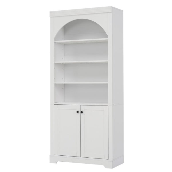 English Elm Tall Arched LED Bookcase with Adjustable Open Shelves and Lower Cabinet for Home Office White N751P455898K