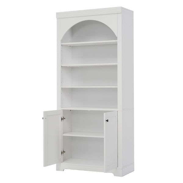 English Elm Tall Arched LED Bookcase with Adjustable Open Shelves and Lower Cabinet for Home Office White N751P455898K