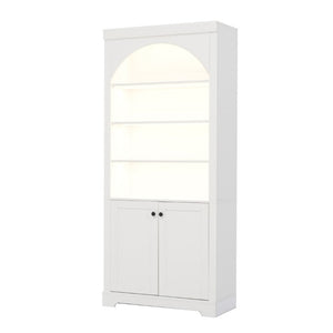 English Elm Tall Arched LED Bookcase with Adjustable Open Shelves and Lower Cabinet for Home Office White N751P455898K