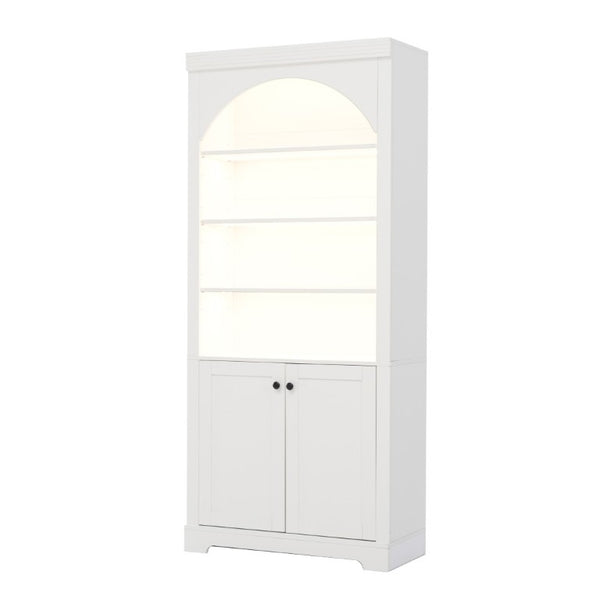 English Elm Tall Arched LED Bookcase with Adjustable Open Shelves and Lower Cabinet for Home Office White N751P455898K