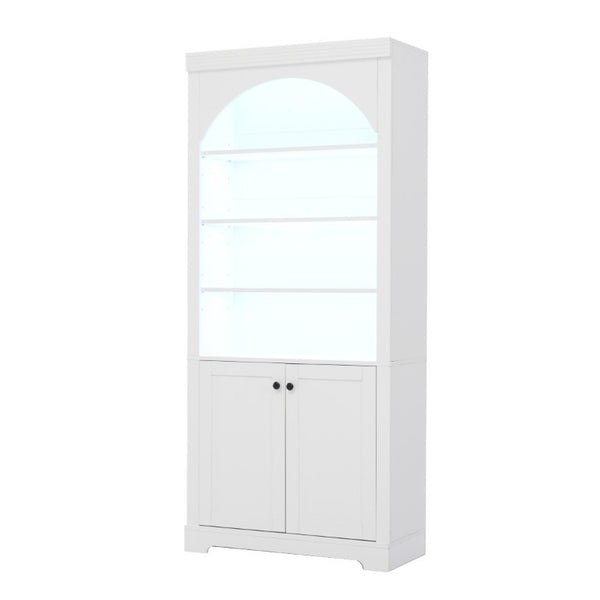 English Elm Tall Arched LED Bookcase with Adjustable Open Shelves and Lower Cabinet for Home Office White N751P455898K