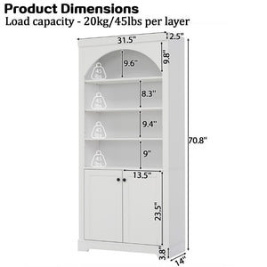 English Elm Tall Arched LED Bookcase with Adjustable Open Shelves and Lower Cabinet for Home Office White N751P455898K