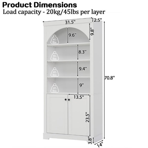 English Elm Tall Arched LED Bookcase with Adjustable Open Shelves and Lower Cabinet for Home Office White N751P455898K