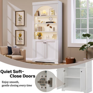 English Elm Tall Arched LED Bookcase with Adjustable Open Shelves and Lower Cabinet for Home Office White N751P455898K