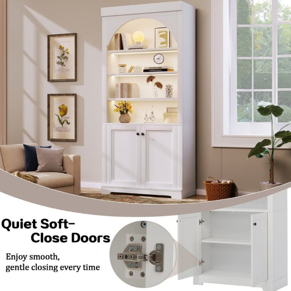 English Elm Tall Arched LED Bookcase with Adjustable Open Shelves and Lower Cabinet for Home Office White N751P455898K