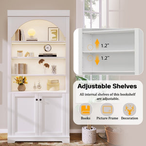 English Elm Tall Arched LED Bookcase with Adjustable Open Shelves and Lower Cabinet for Home Office White N751P455898K