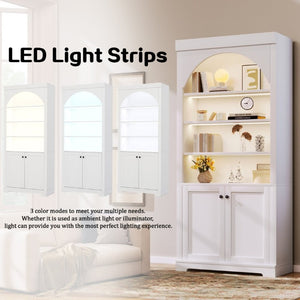 English Elm Tall Arched LED Bookcase with Adjustable Open Shelves and Lower Cabinet for Home Office White N751P455898K
