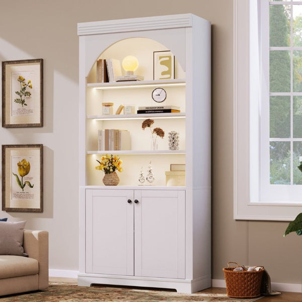 English Elm Tall Arched LED Bookcase with Adjustable Open Shelves and Lower Cabinet for Home Office White N751P455898K