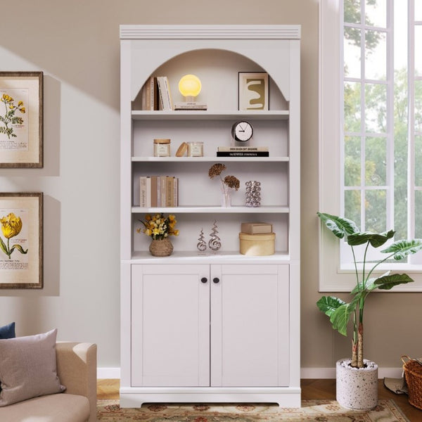 English Elm Tall Arched LED Bookcase with Adjustable Open Shelves and Lower Cabinet for Home Office White N751P455898K
