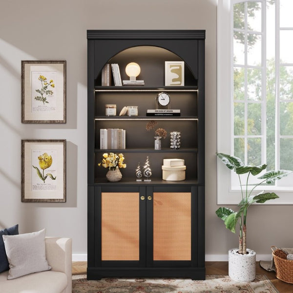 English Elm Tall Black Bookcase with Rattan Doors Open Shelves LED Lighting and Arched Profile N751P455898P