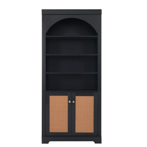 English Elm Tall Black Bookcase with Rattan Doors Open Shelves LED Lighting and Arched Profile N751P455898P