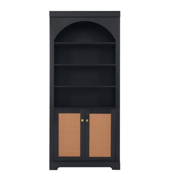 English Elm Tall Black Bookcase with Rattan Doors Open Shelves LED Lighting and Arched Profile N751P455898P
