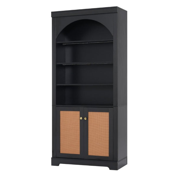 English Elm Tall Black Bookcase with Rattan Doors Open Shelves LED Lighting and Arched Profile N751P455898P