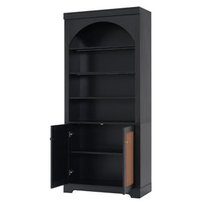 English Elm Tall Black Bookcase with Rattan Doors Open Shelves LED Lighting and Arched Profile N751P455898P
