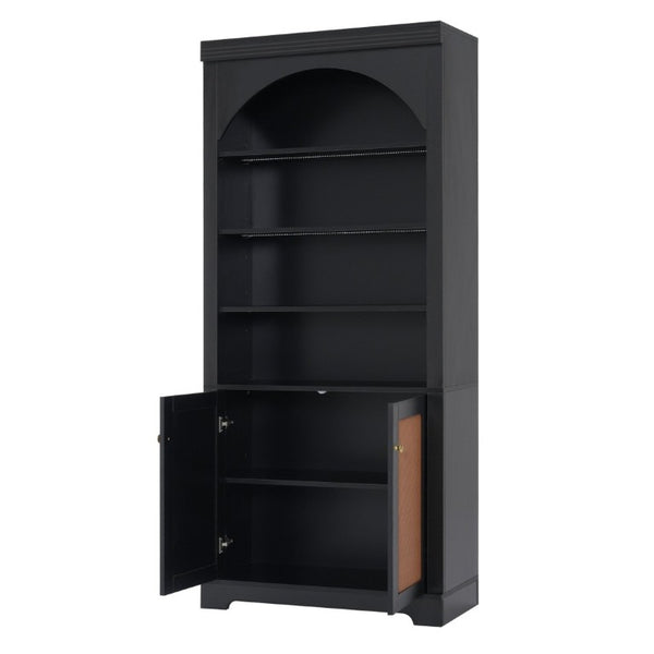 English Elm Tall Black Bookcase with Rattan Doors Open Shelves LED Lighting and Arched Profile N751P455898P