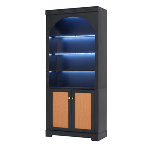 English Elm Tall Black Bookcase with Rattan Doors Open Shelves LED Lighting and Arched Profile N751P455898P