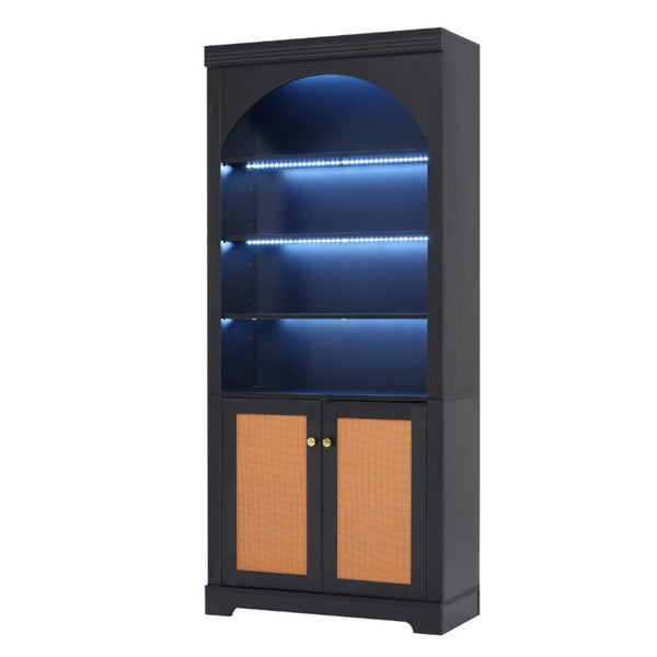 English Elm Tall Black Bookcase with Rattan Doors Open Shelves LED Lighting and Arched Profile N751P455898P