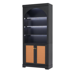 English Elm Tall Black Bookcase with Rattan Doors Open Shelves LED Lighting and Arched Profile N751P455898P