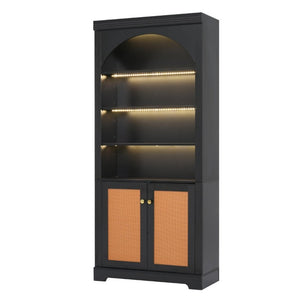 English Elm Tall Black Bookcase with Rattan Doors Open Shelves LED Lighting and Arched Profile N751P455898P