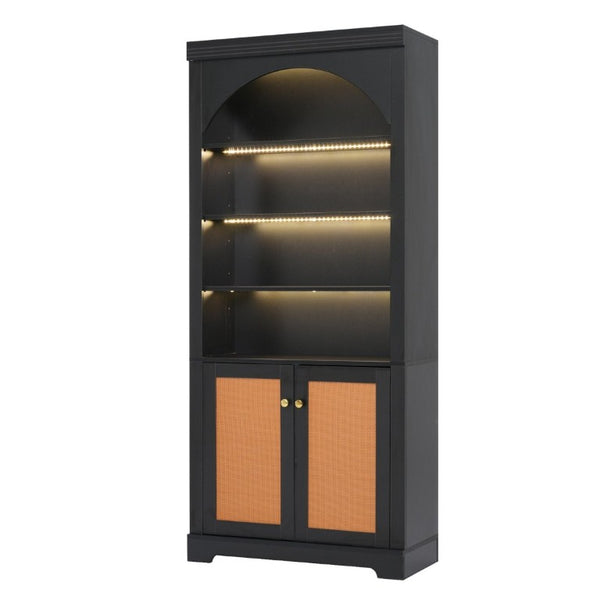 English Elm Tall Black Bookcase with Rattan Doors Open Shelves LED Lighting and Arched Profile N751P455898P