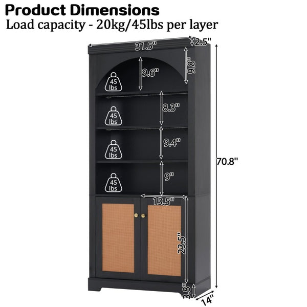 English Elm Tall Black Bookcase with Rattan Doors Open Shelves LED Lighting and Arched Profile N751P455898P