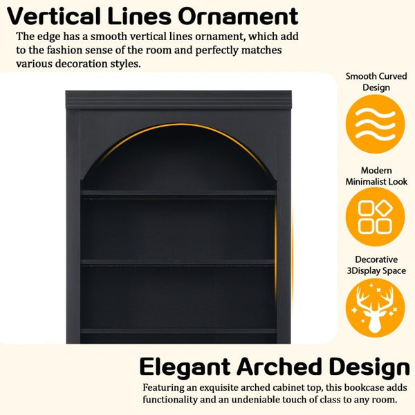 English Elm Tall Black Bookcase with Rattan Doors Open Shelves LED Lighting and Arched Profile N751P455898P