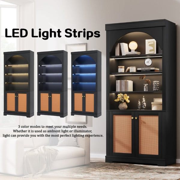 English Elm Tall Black Bookcase with Rattan Doors Open Shelves LED Lighting and Arched Profile N751P455898P