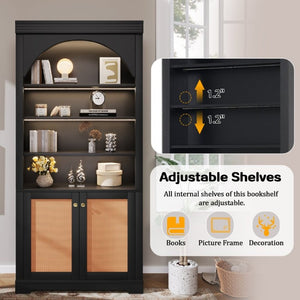 English Elm Tall Black Bookcase with Rattan Doors Open Shelves LED Lighting and Arched Profile N751P455898P