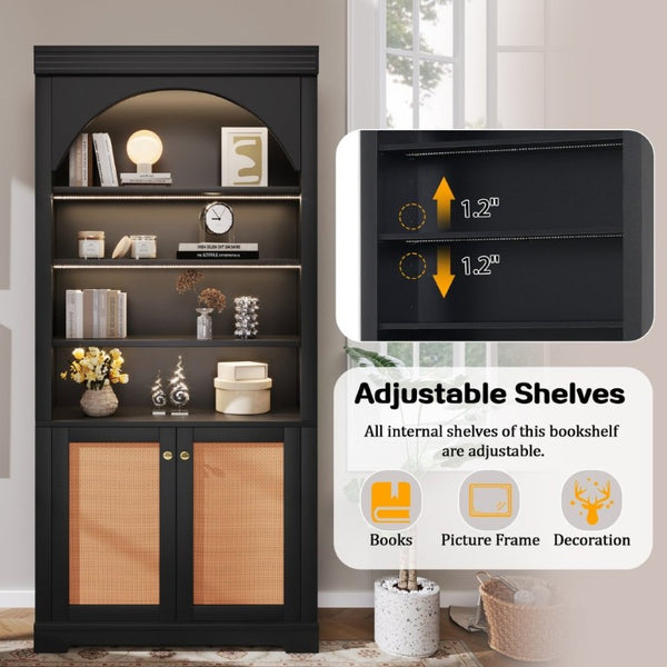 English Elm Tall Black Bookcase with Rattan Doors Open Shelves LED Lighting and Arched Profile N751P455898P