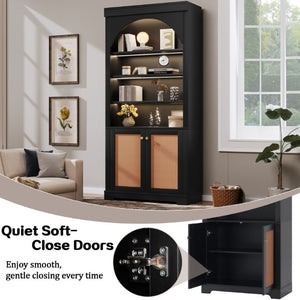 English Elm Tall Black Bookcase with Rattan Doors Open Shelves LED Lighting and Arched Profile N751P455898P